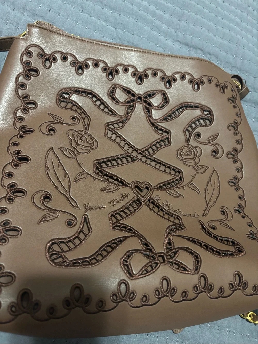 Embroidered Ribbon Detail Brown Tote Backpack